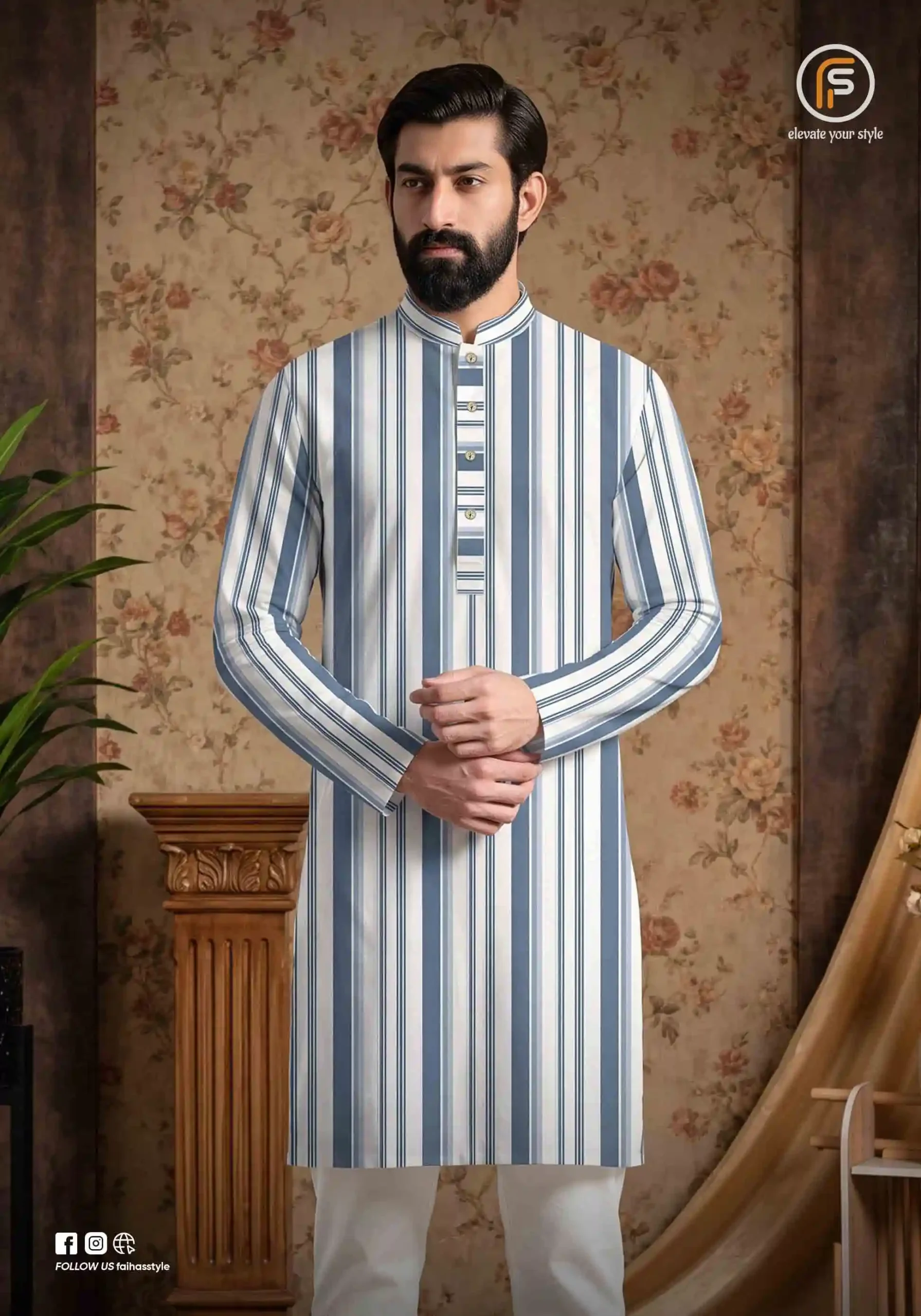Jafran Classic Panjabi for Men Blue White Stripe | Faiha's Style