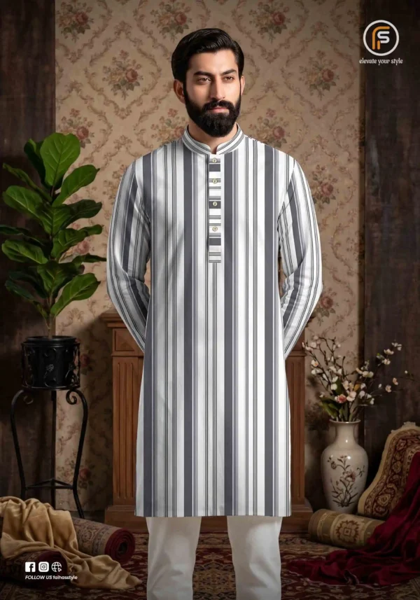 Jafran Classic Panjabi for Men Grey White Stripe | Faiha's Style