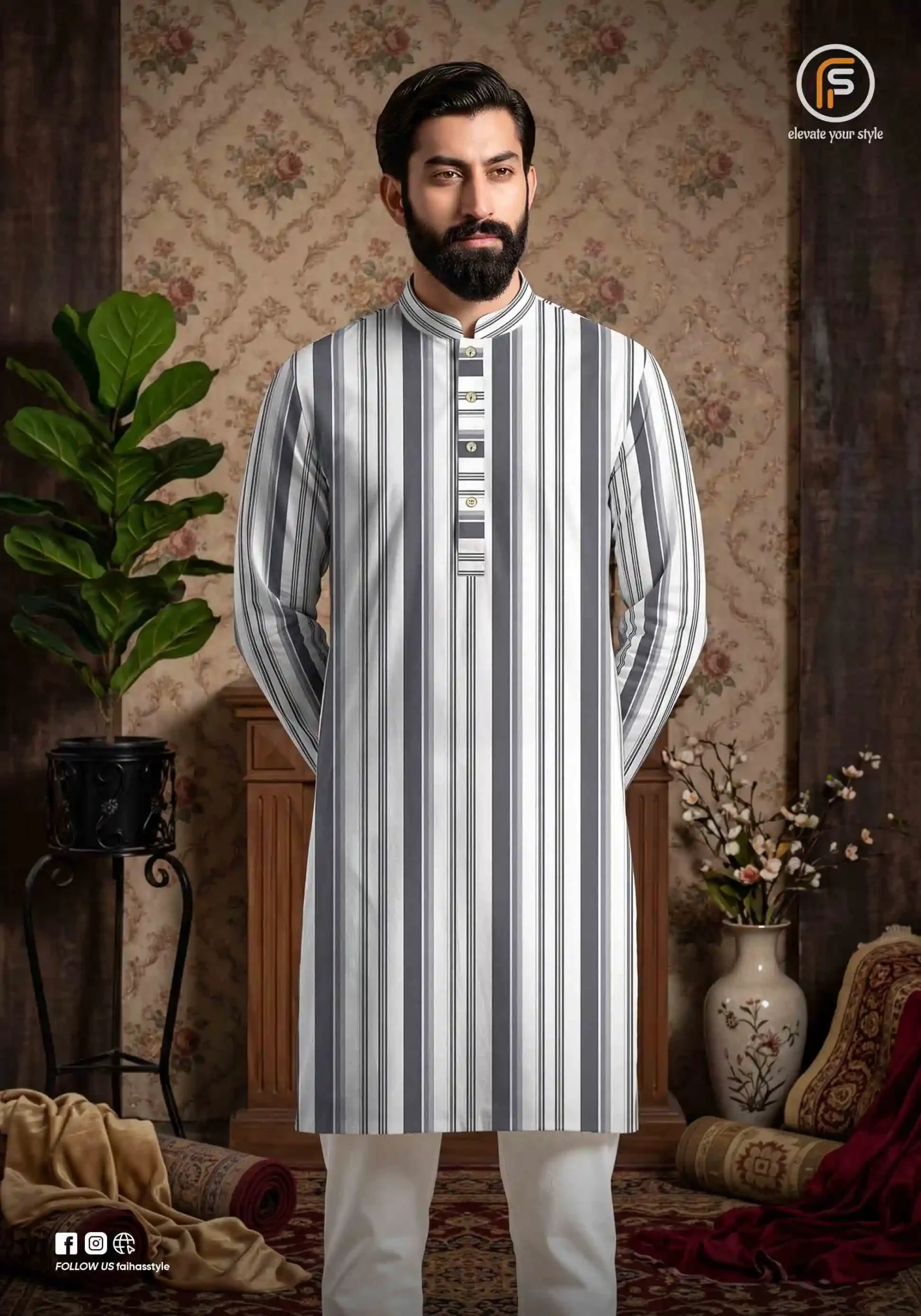 Jafran Classic Panjabi for Men Grey White Stripe | Faiha's Style
