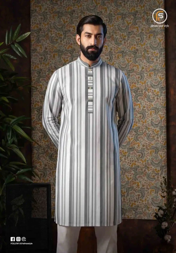 Jafran Classic Panjabi for Men Light Grey Stripe | Faiha's Style