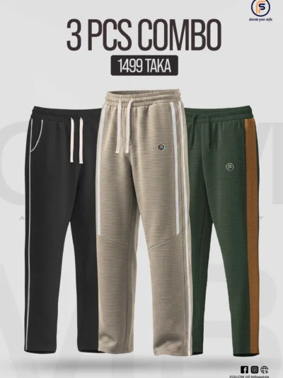 Men's 3 in 1 Combo featuring Biscuit 2 Pipen Baggy, Black Pocket Pipen, and Olive Side Contrast Trousers